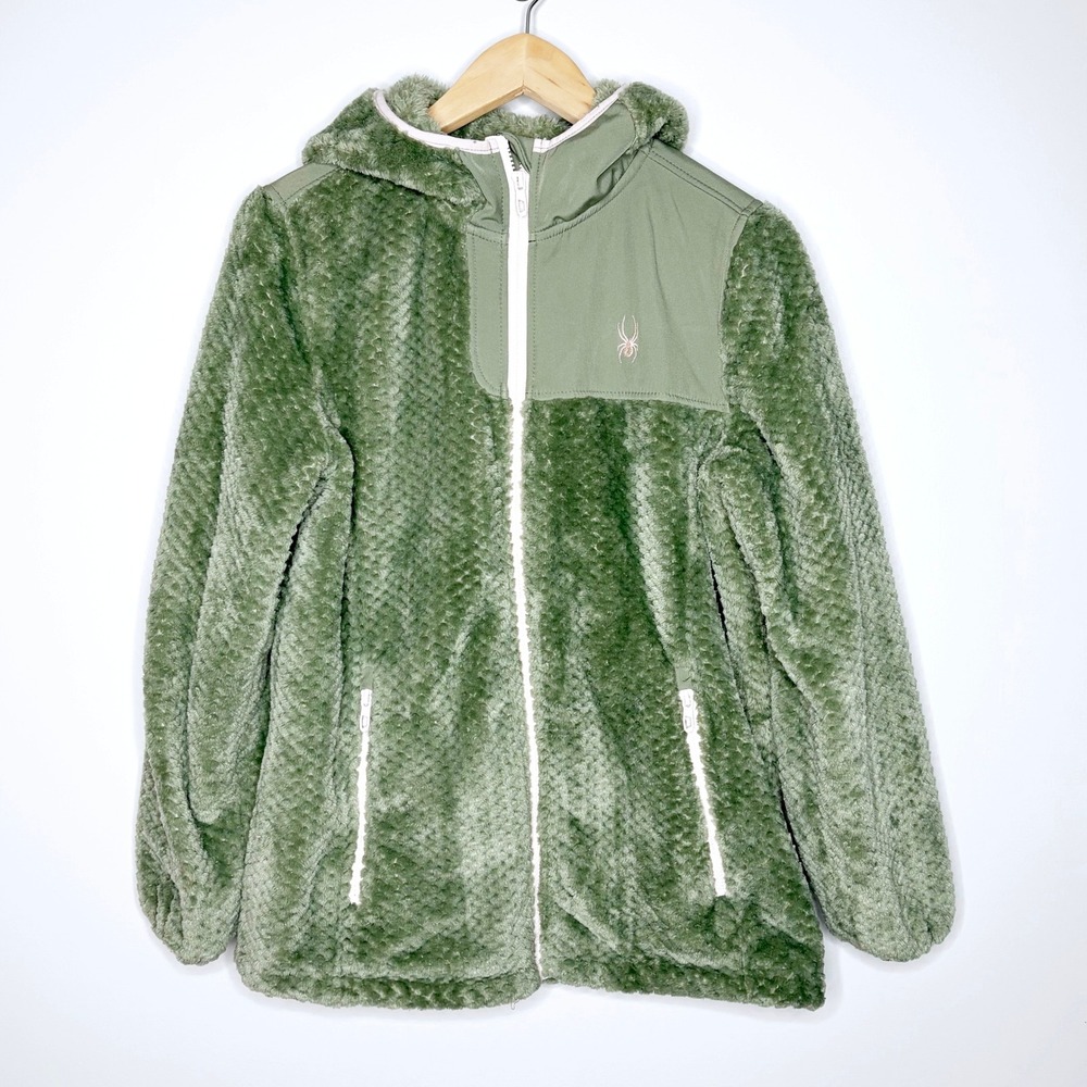 Spyder Womens Green Faux Fur Full Zip Jacket Size Large Hooded Fleece Cozy Soft